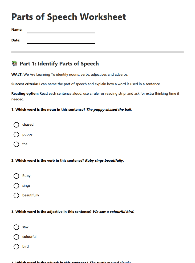 Parts of Speech Worksheet