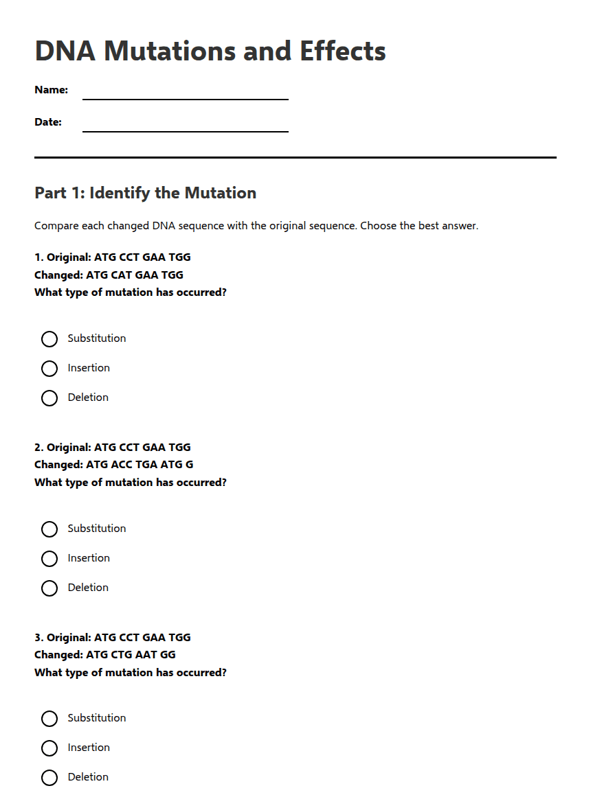 DNA Mutations and Effects worksheet preview