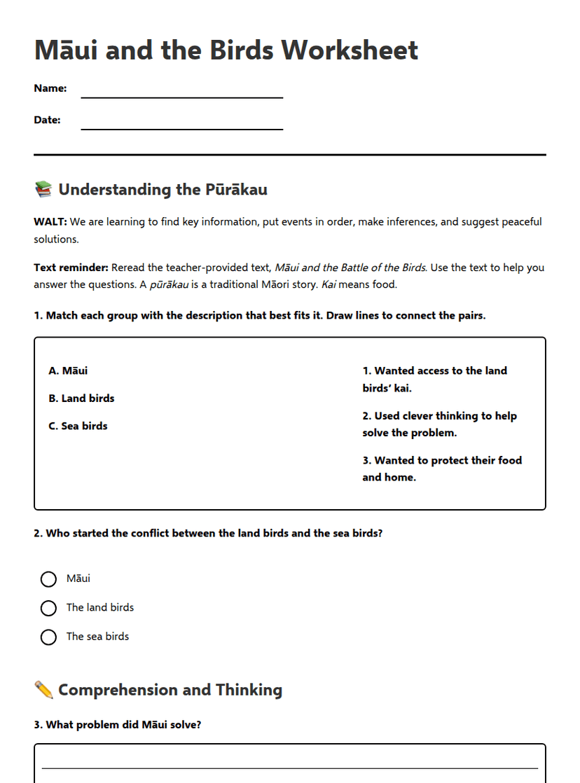 Māui and the Birds Worksheet