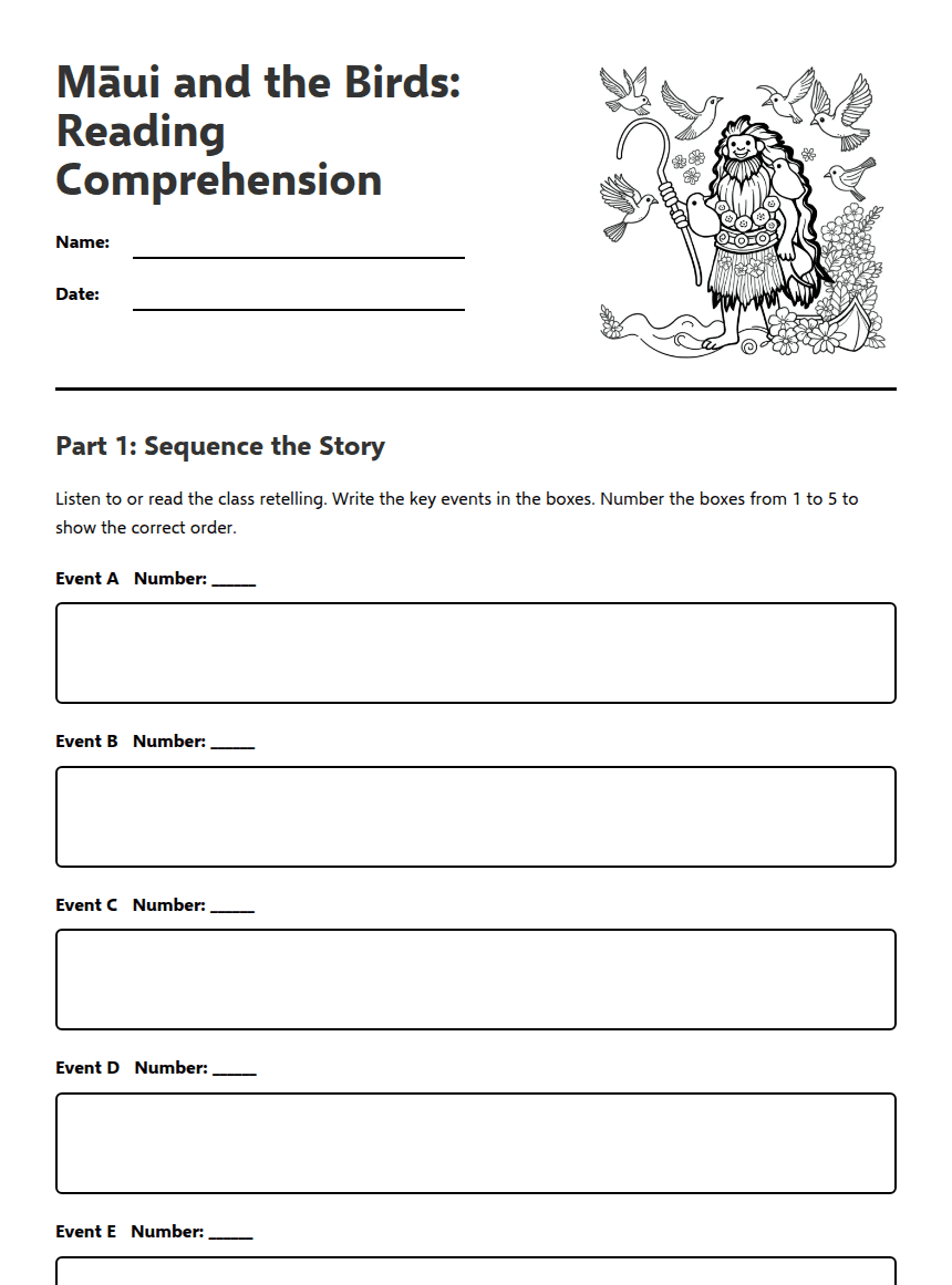 Māui and the Birds: Reading Comprehension worksheet preview