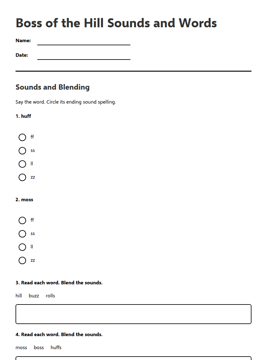 Boss of the Hill Sounds and Words worksheet preview