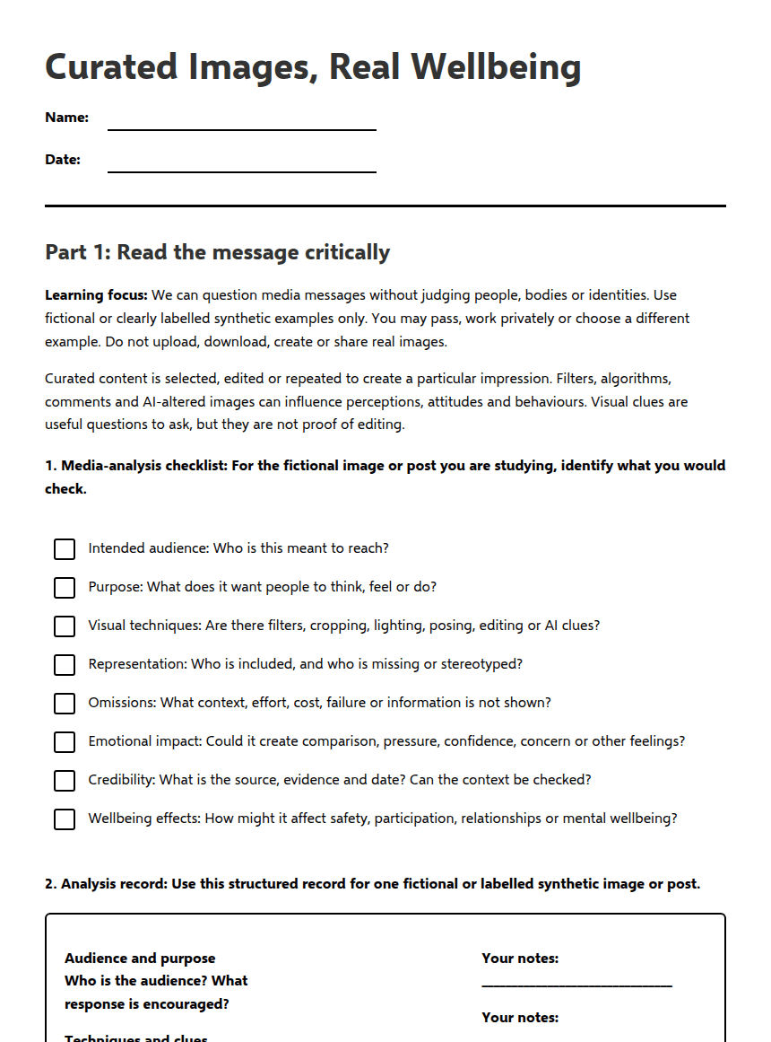 Curated Images, Real Wellbeing worksheet preview
