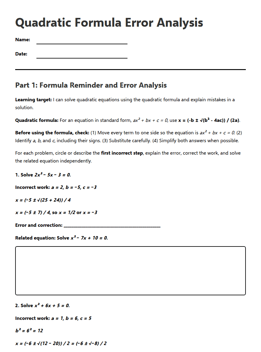 Quadratic Formula Error Analysis worksheet preview