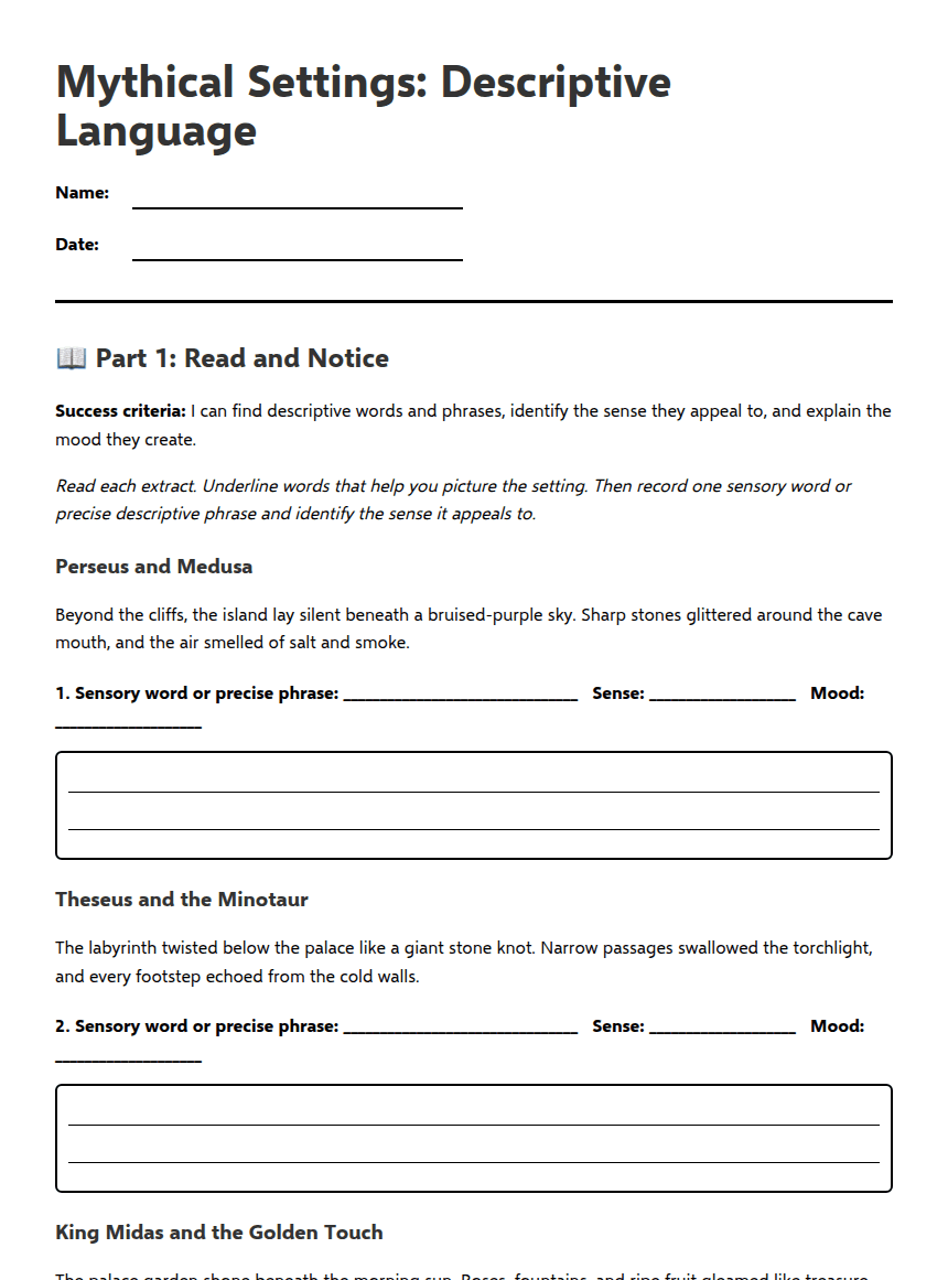 Mythical Settings: Descriptive Language worksheet preview