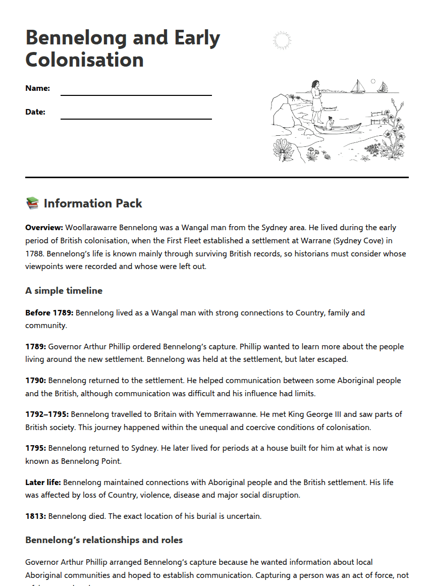 Bennelong and Early Colonisation worksheet preview