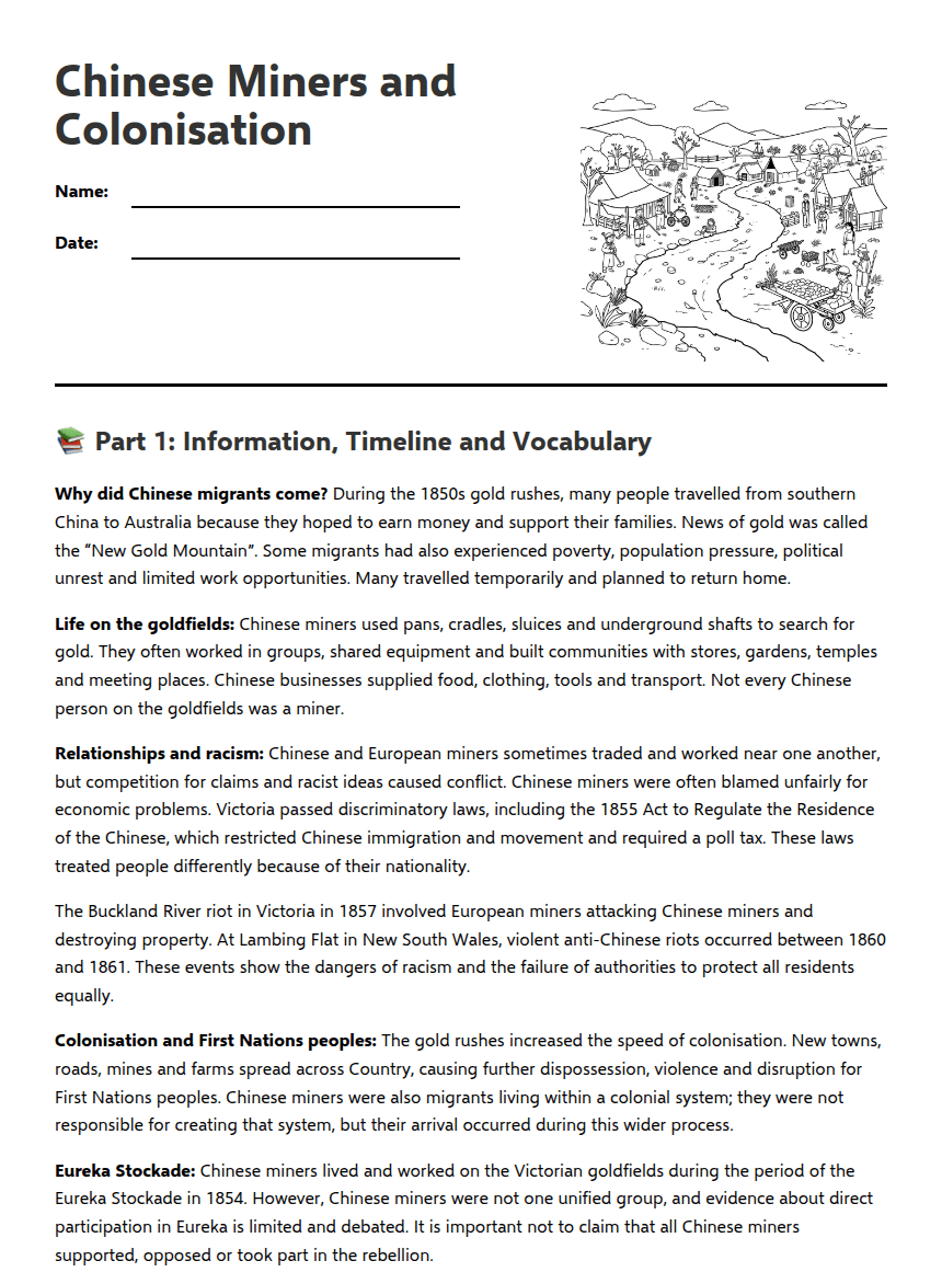 Chinese Miners and Colonisation worksheet preview