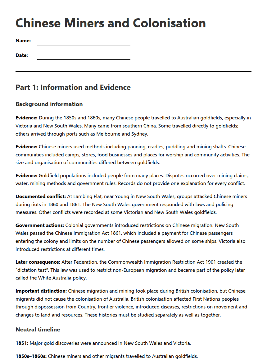 Chinese Miners and Colonisation worksheet preview