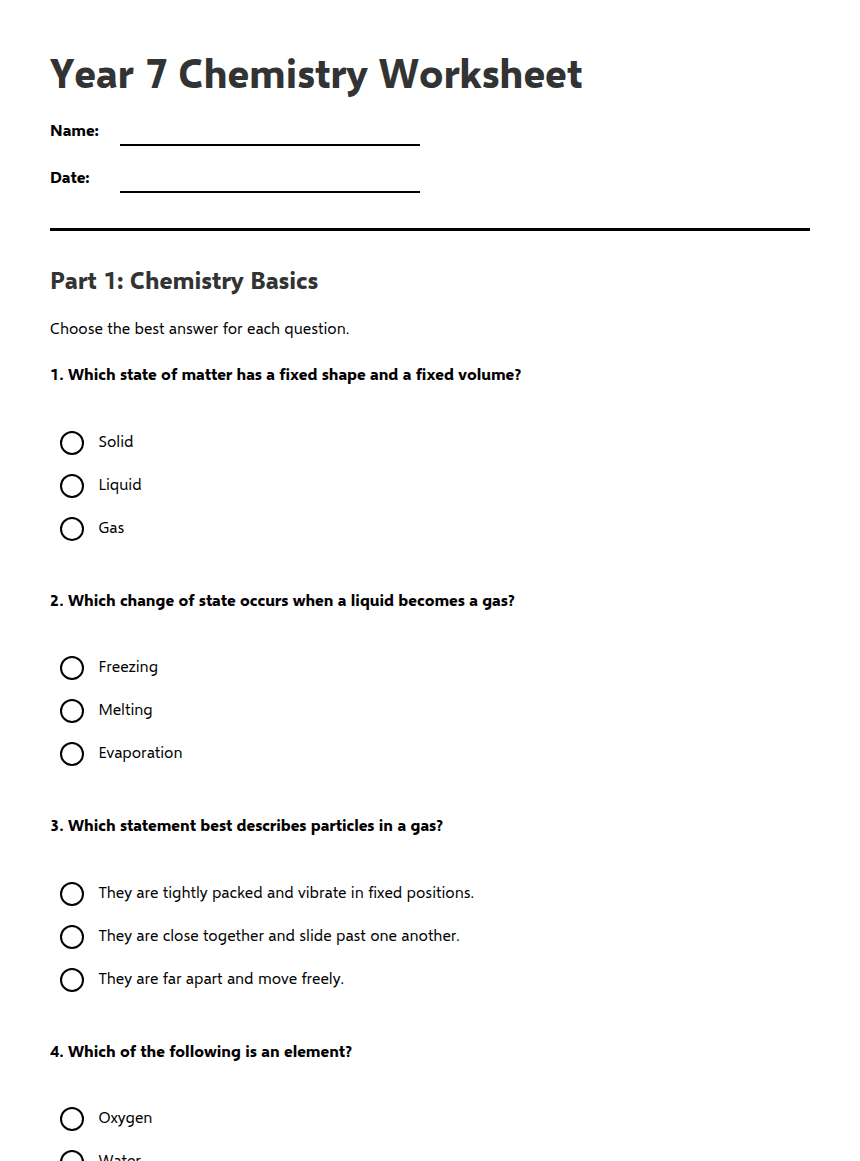 Year 7 Chemistry Worksheet worksheet preview