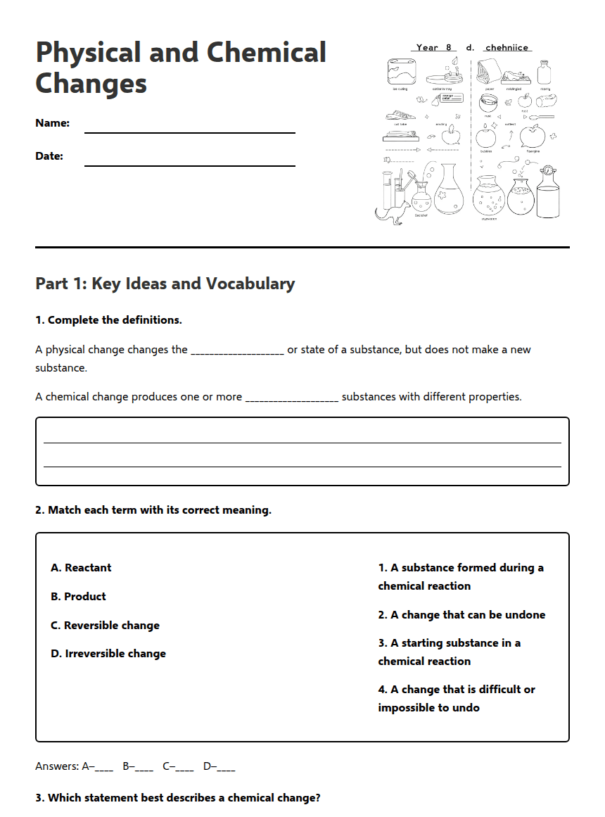 Physical and Chemical Changes worksheet preview