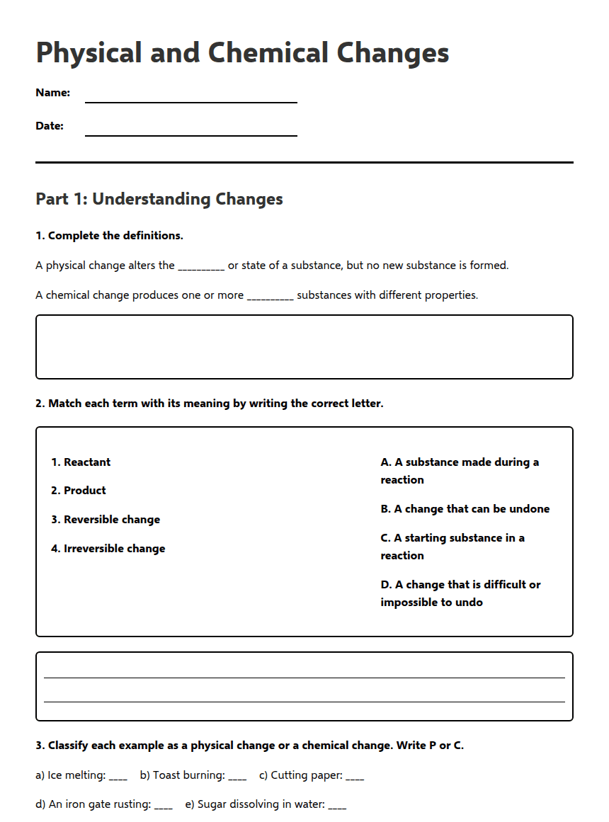 Physical and Chemical Changes worksheet preview