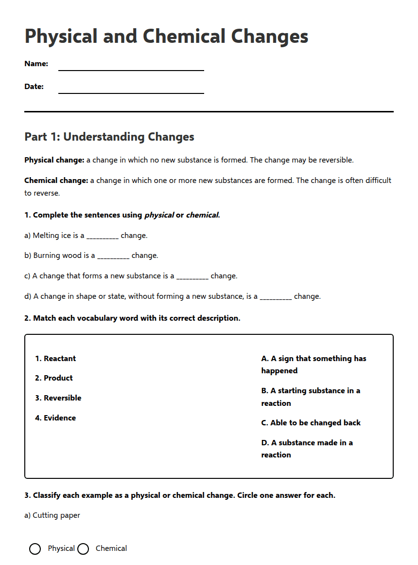 Physical and Chemical Changes worksheet preview