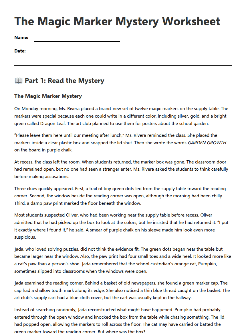 The Magic Marker Mystery Worksheet worksheet preview