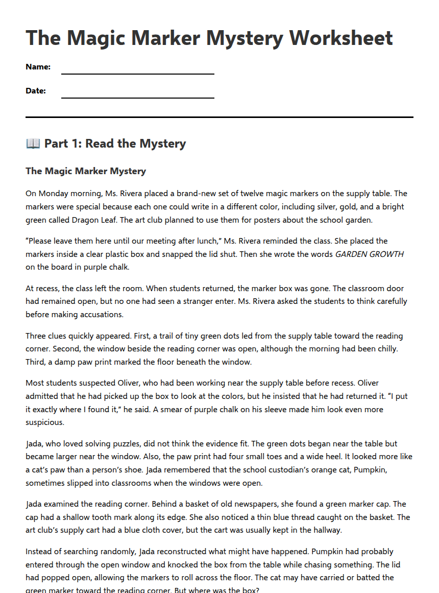 The Magic Marker Mystery Worksheet