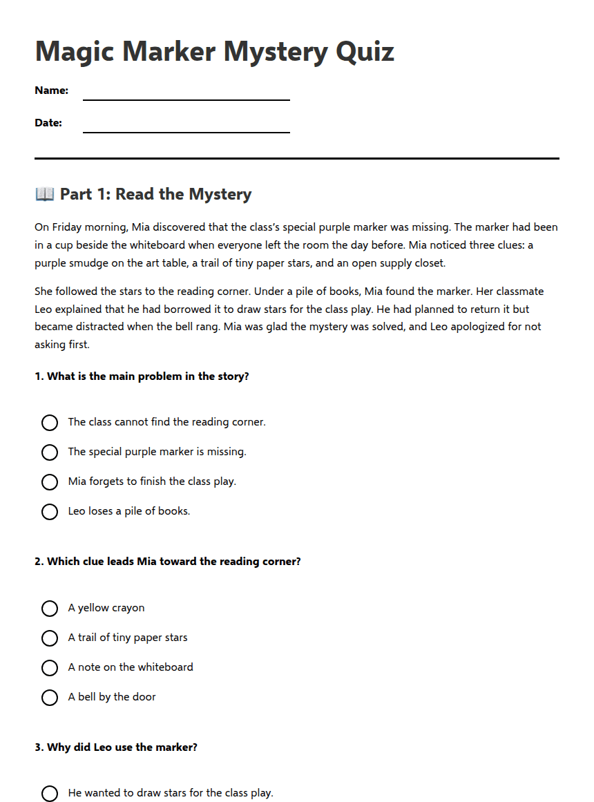 Magic Marker Mystery Quiz worksheet preview