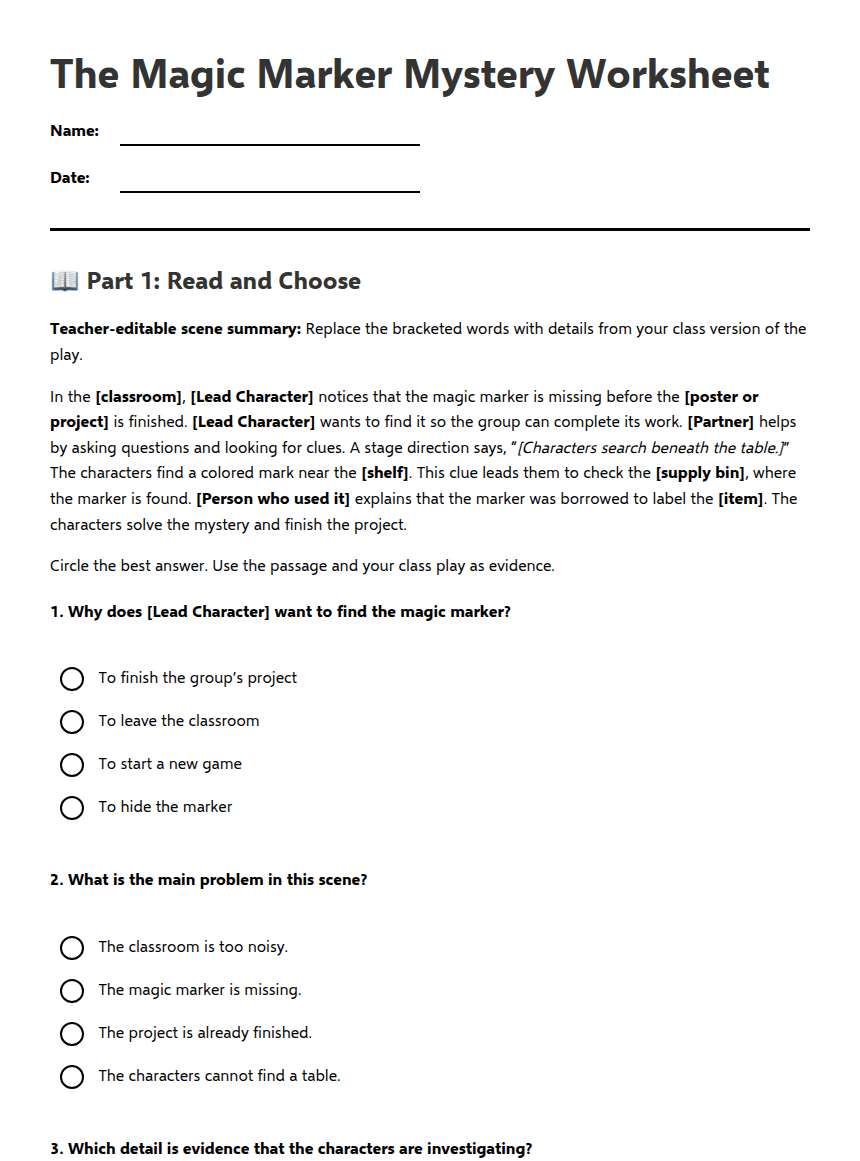 The Magic Marker Mystery Worksheet worksheet preview