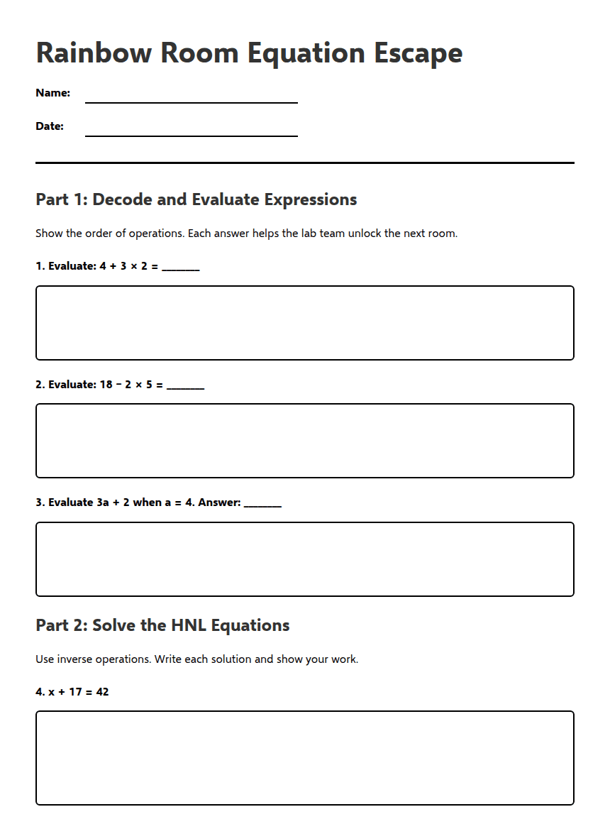 Rainbow Room Equation Escape worksheet preview