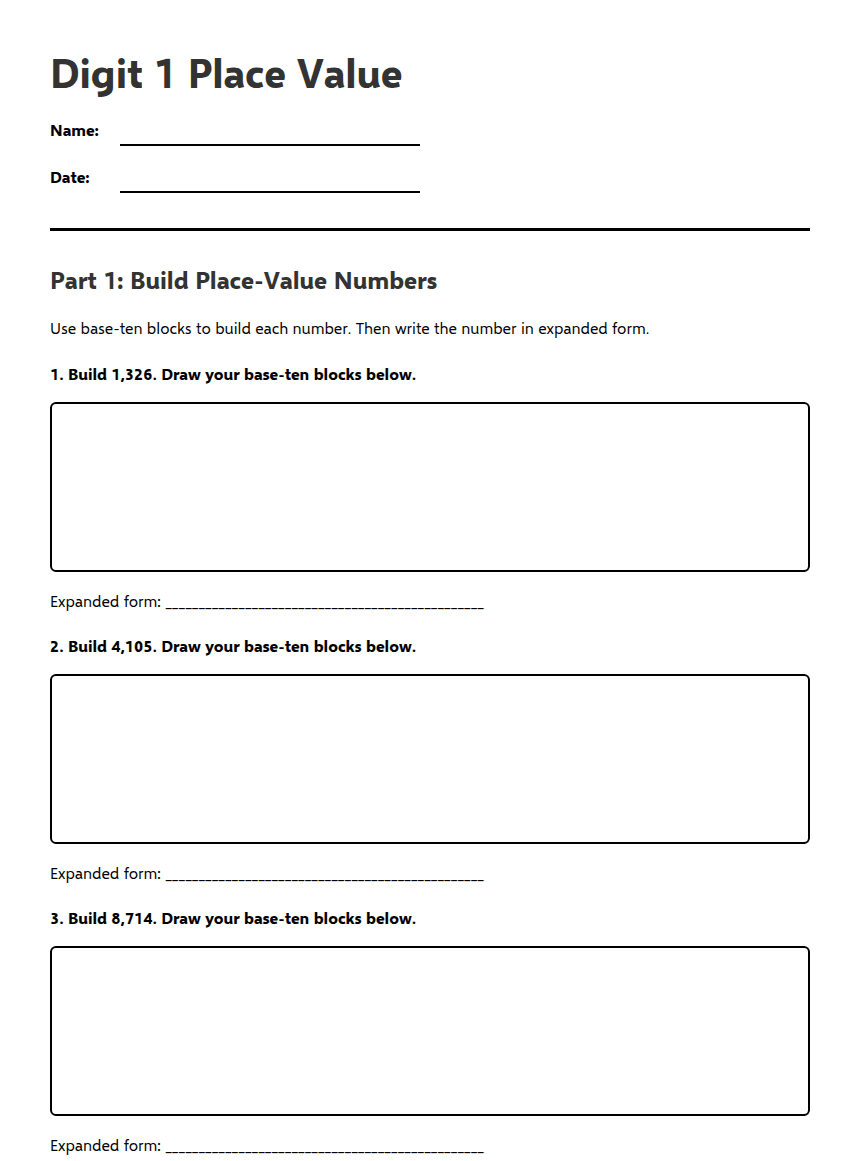 Digit 1 Place Value worksheet preview