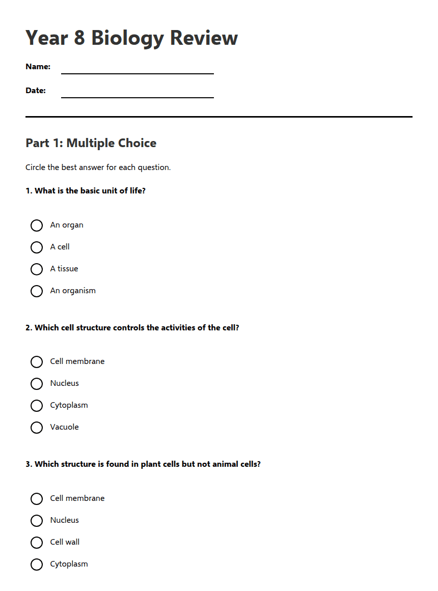 Year 8 Biology Review worksheet preview