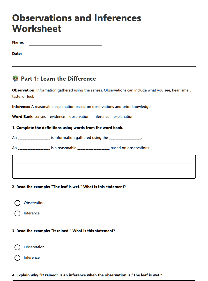 Observations and Inferences Worksheet worksheet preview
