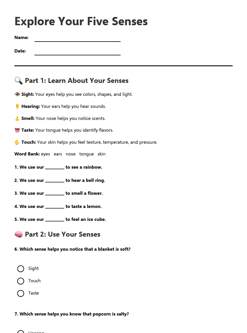 Explore Your Five Senses worksheet preview