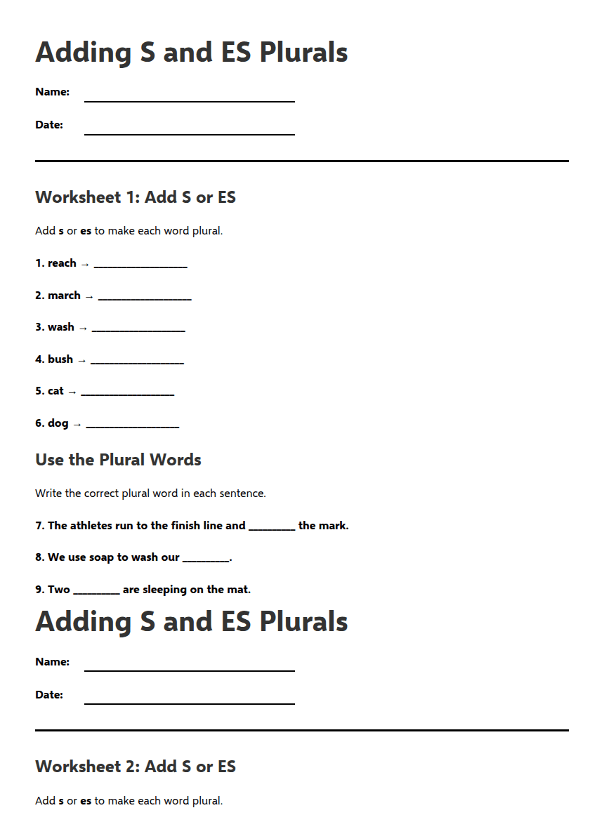 Adding S and ES Plurals worksheet preview