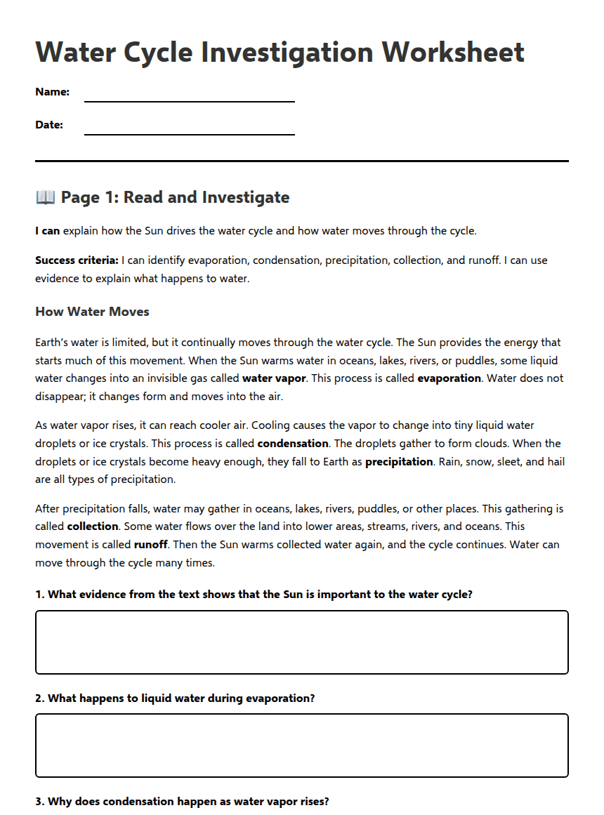 Water Cycle Investigation Worksheet worksheet preview