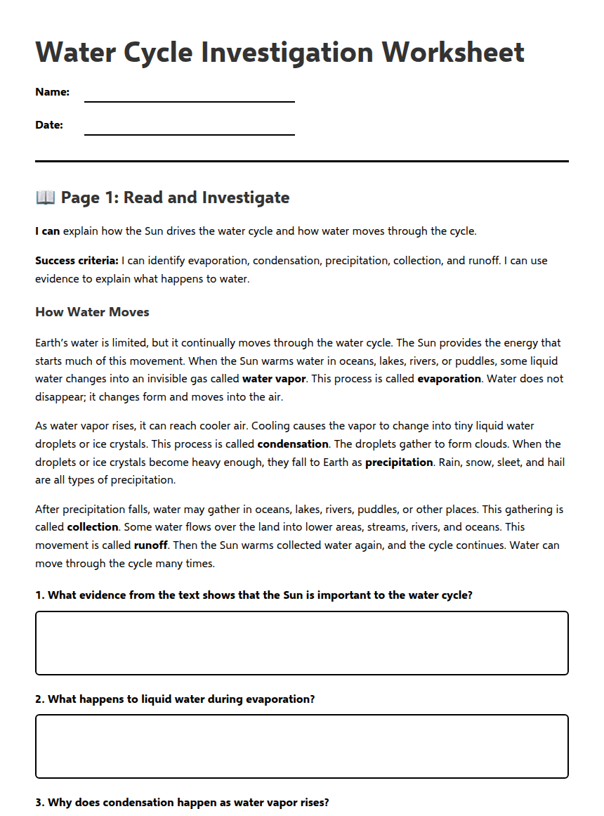Water Cycle Investigation Worksheet