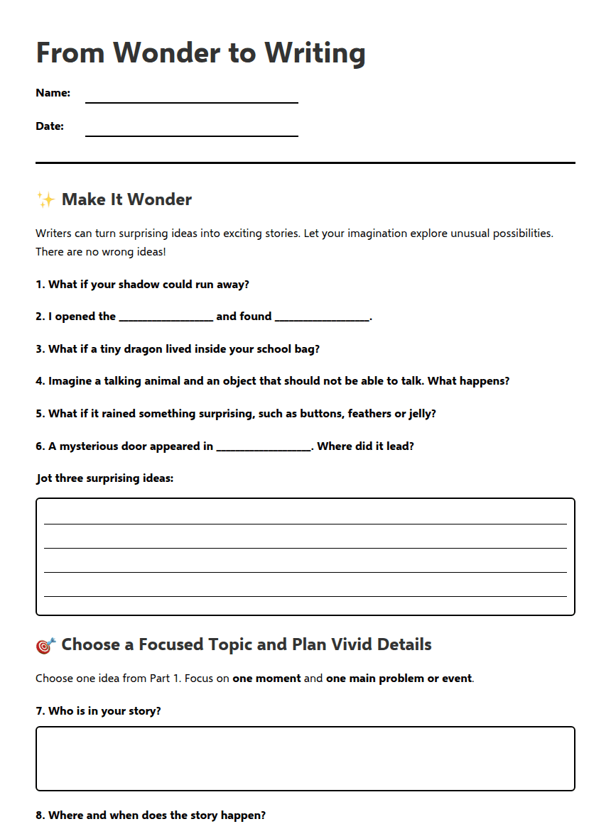 From Wonder to Writing worksheet preview