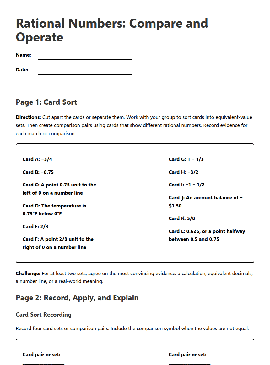 Rational Numbers: Compare and Operate worksheet preview