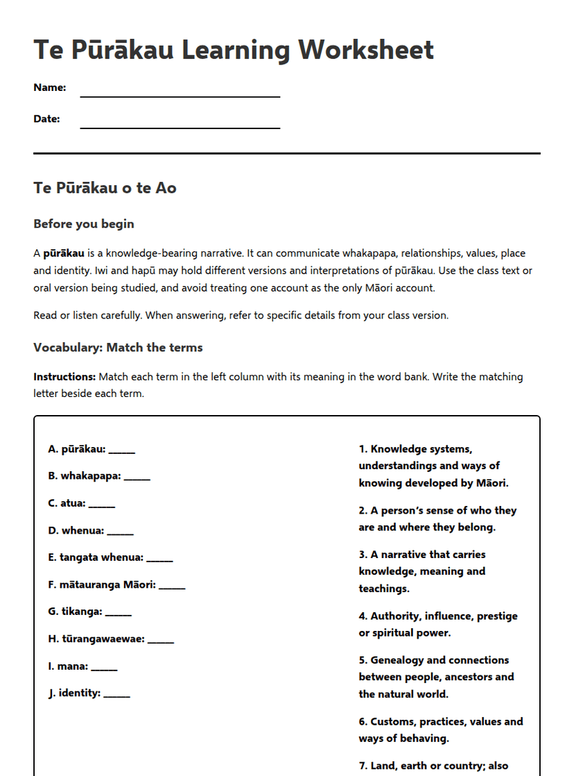 Te Pūrākau Learning Worksheet