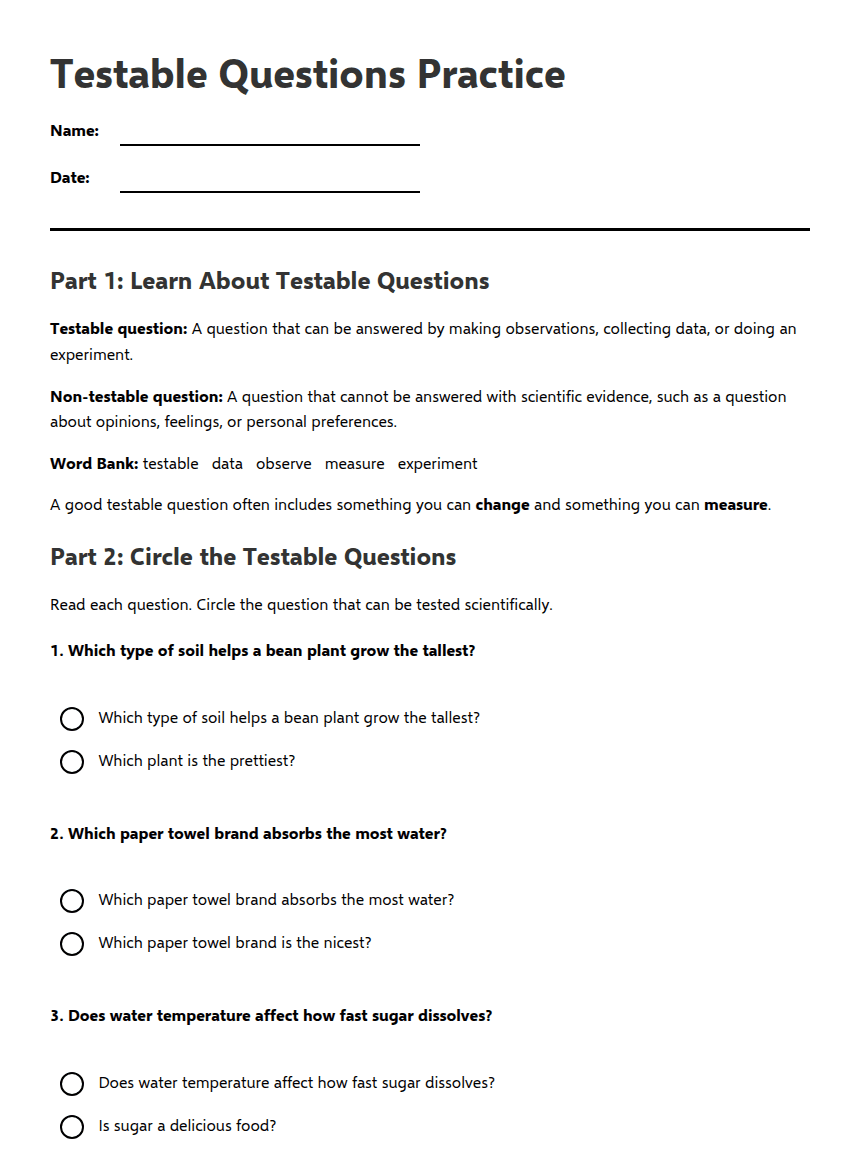 Testable Questions Practice worksheet preview