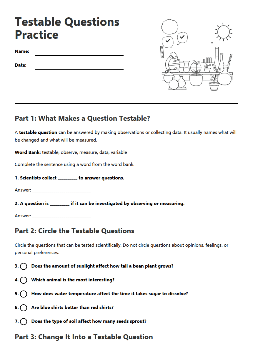 Testable Questions Practice worksheet preview