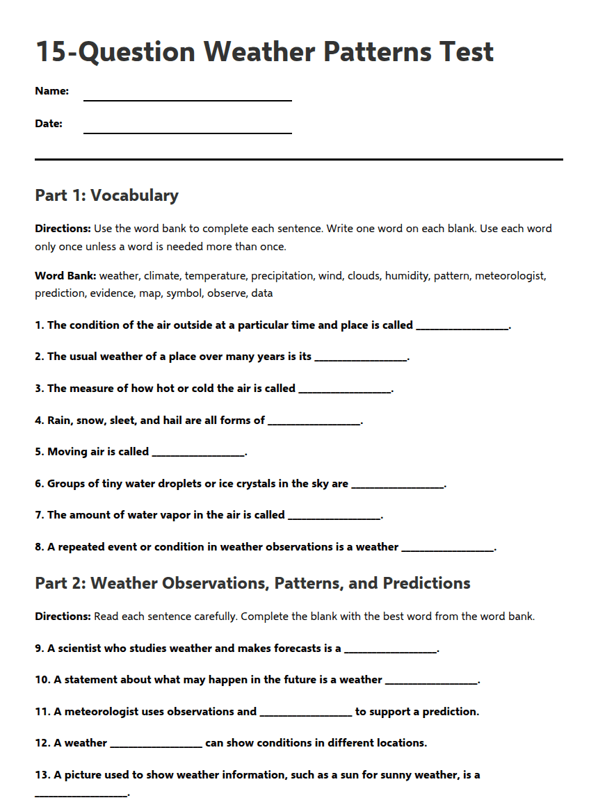 Weather Patterns Test worksheet preview