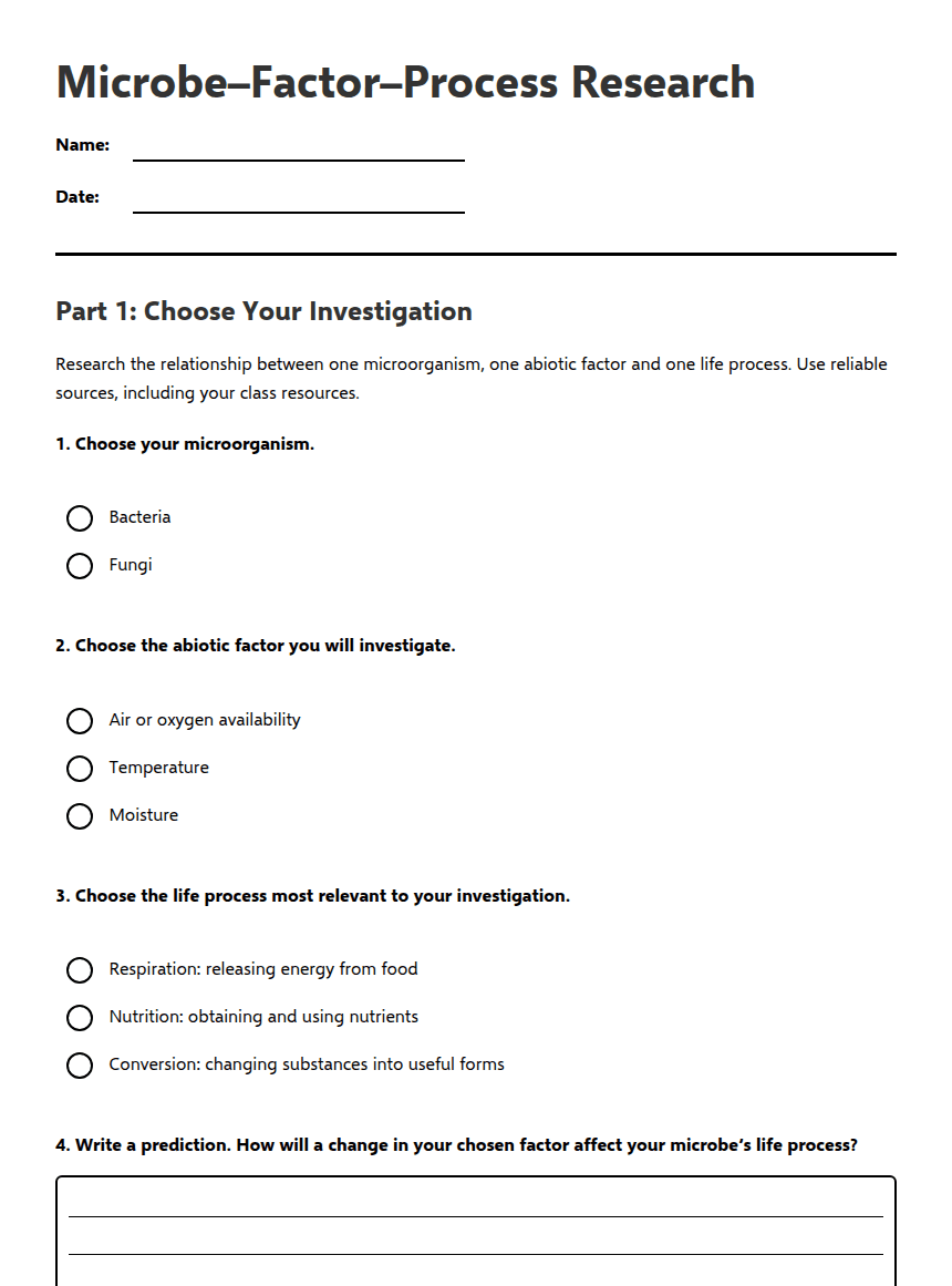 Microbe–Factor–Process Research worksheet preview