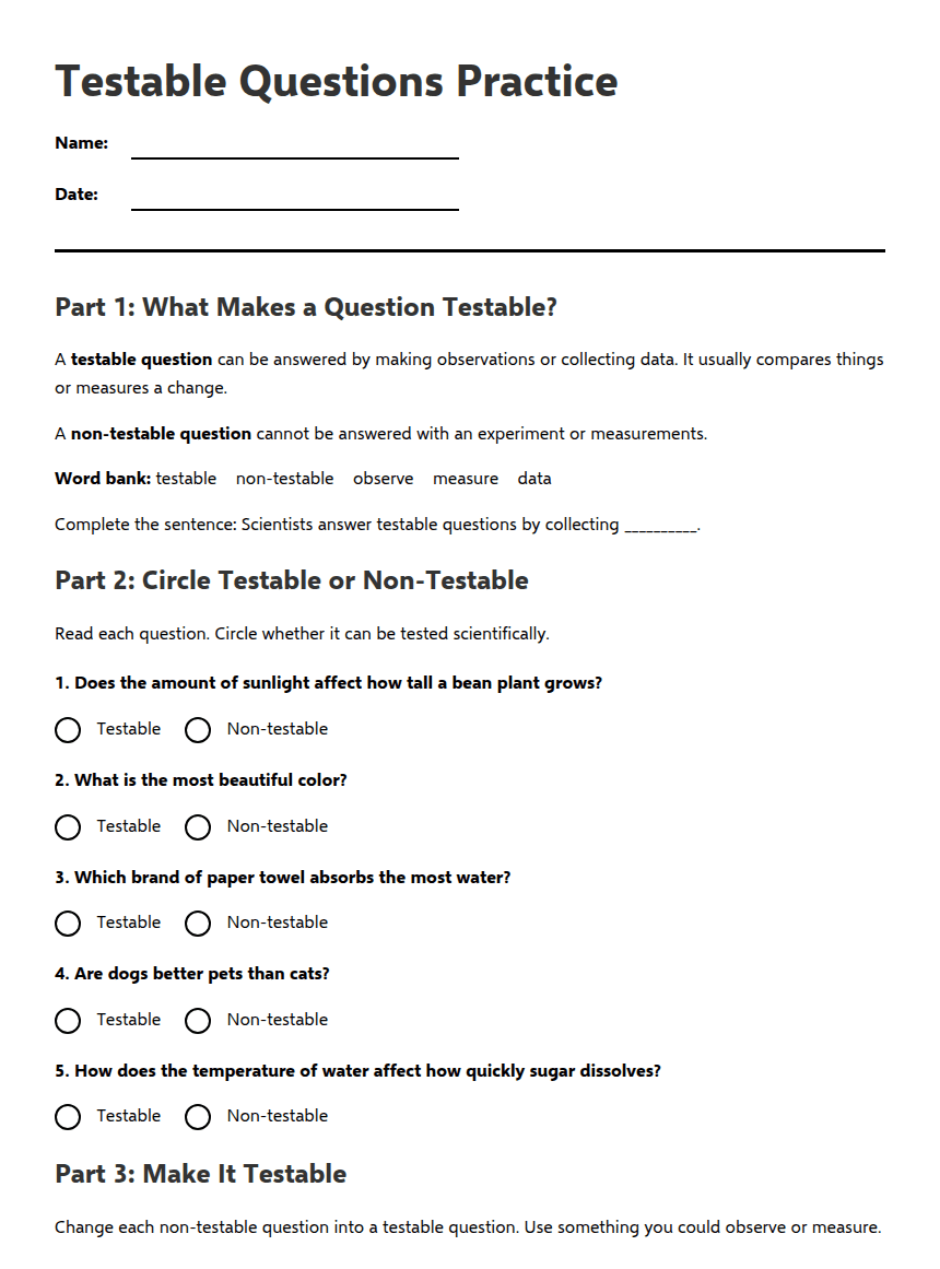 Testable Questions Practice worksheet preview