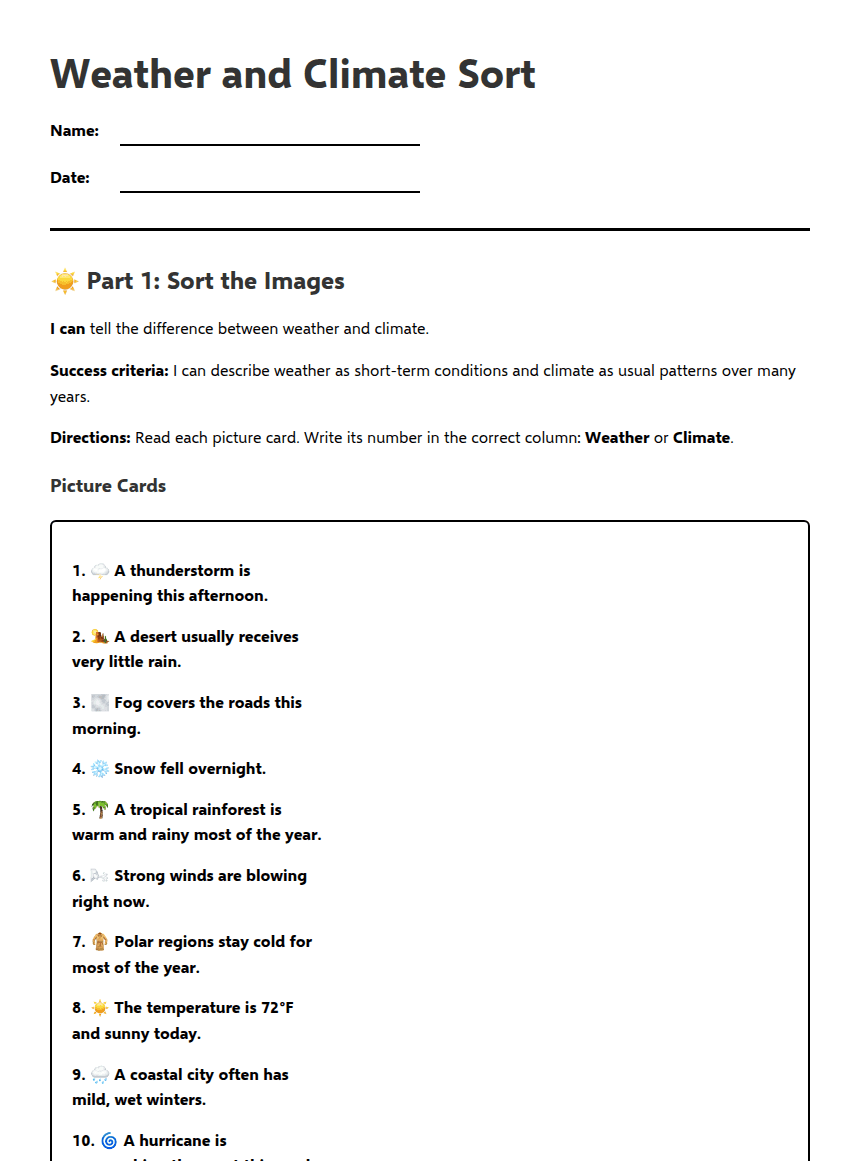 Weather and Climate Sort worksheet preview