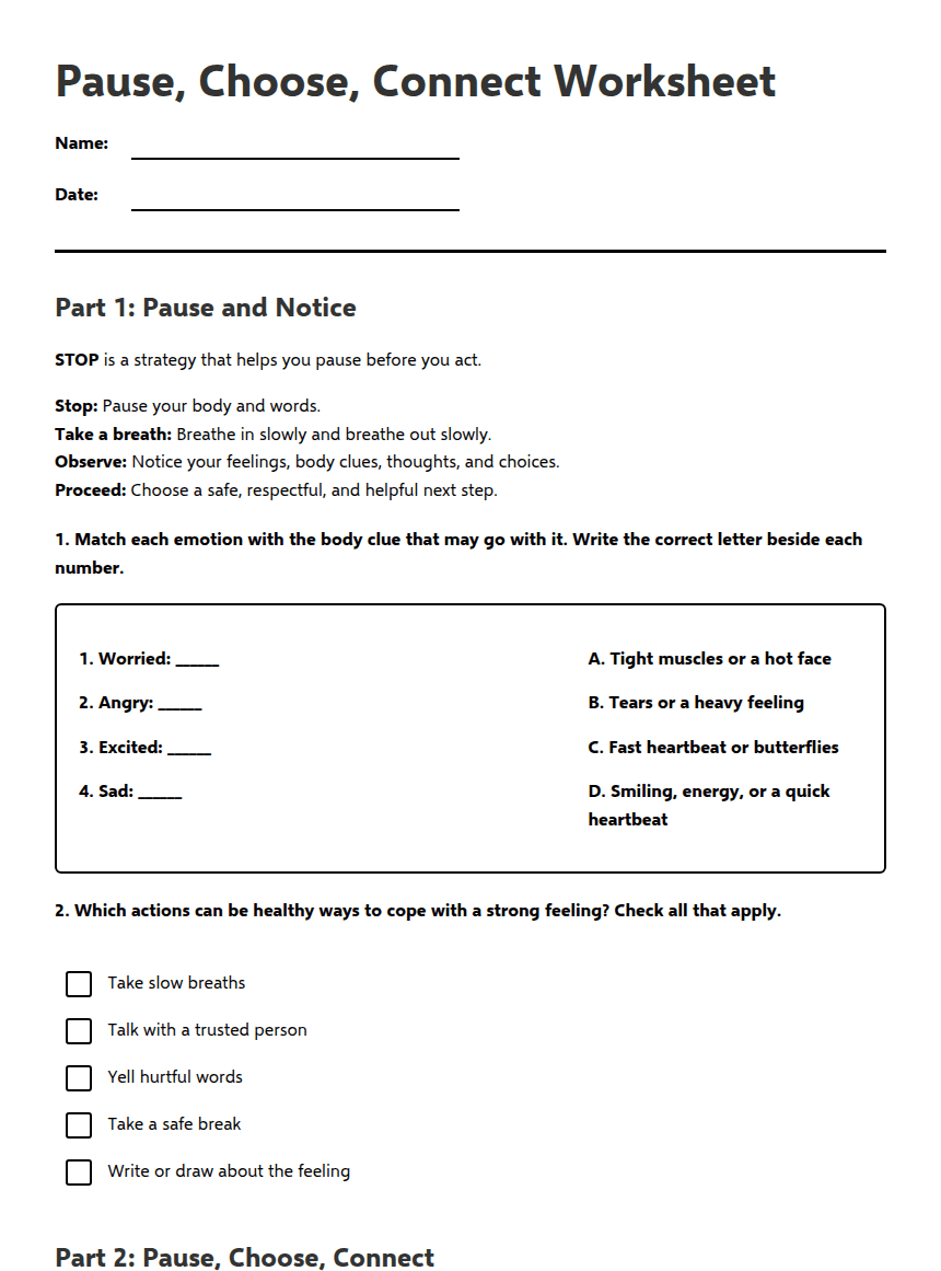 Pause, Choose, Connect Worksheet worksheet preview