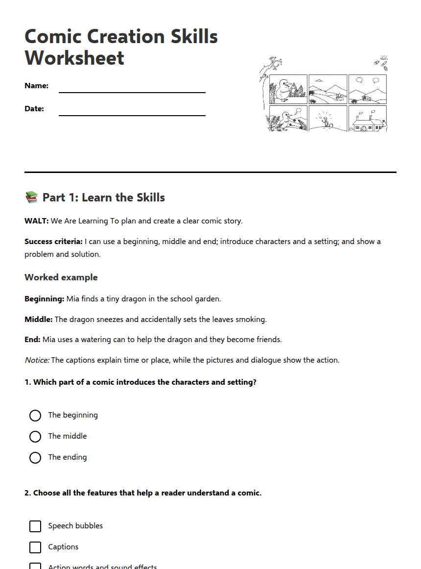 Comic Creation Skills Worksheet worksheet preview