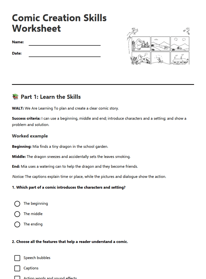 Comic Creation Skills Worksheet