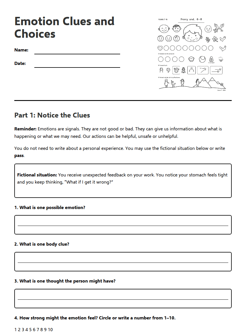Emotion Clues and Choices worksheet preview