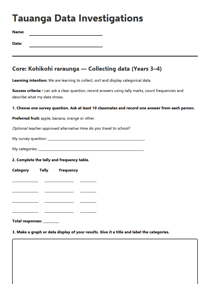 Tauanga Data Investigations worksheet preview