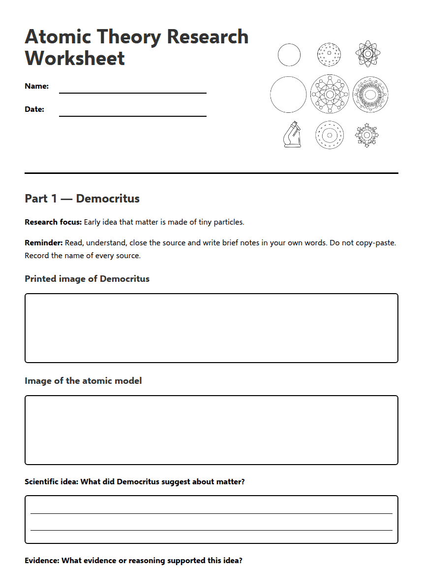Atomic Theory Research Worksheet worksheet preview