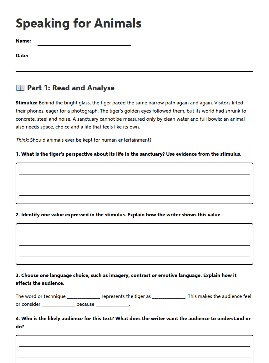 Speaking for Animals worksheet preview