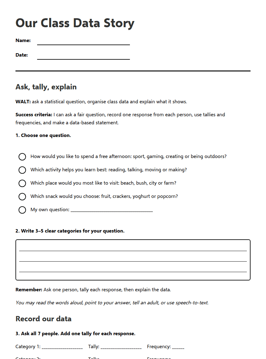 Our Class Data Story worksheet preview