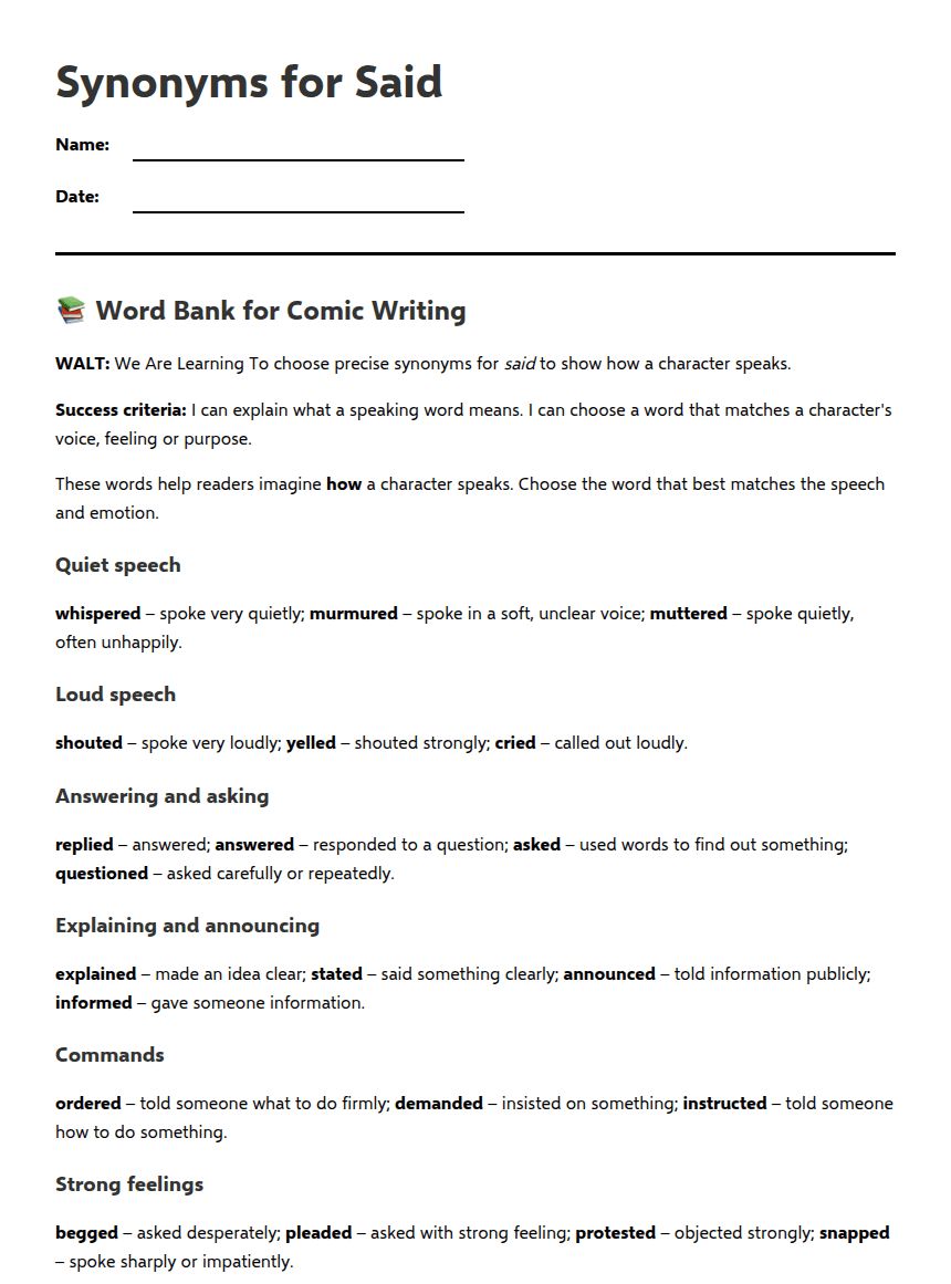Synonyms for Said Worksheet worksheet preview