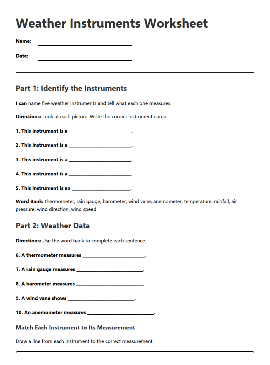 Weather Instruments Worksheet worksheet preview