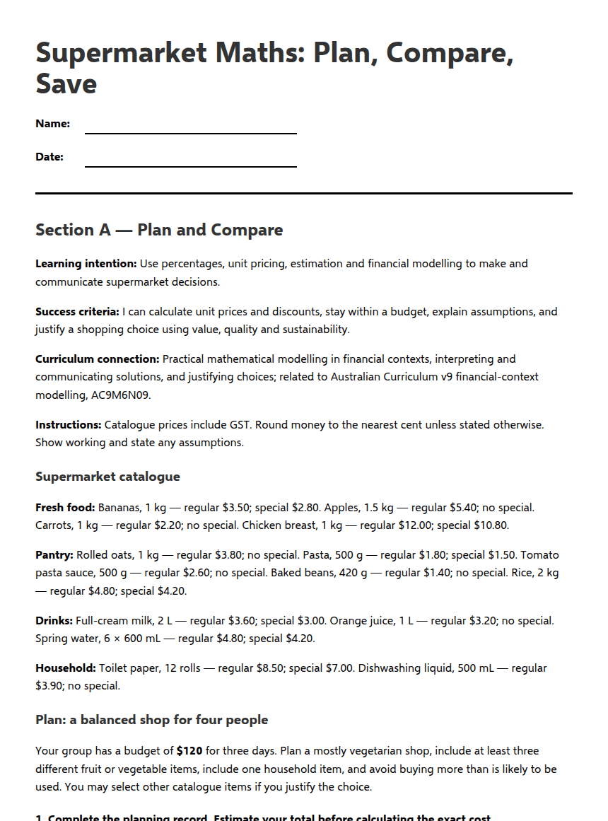 Supermarket Budgeting and Value worksheet preview