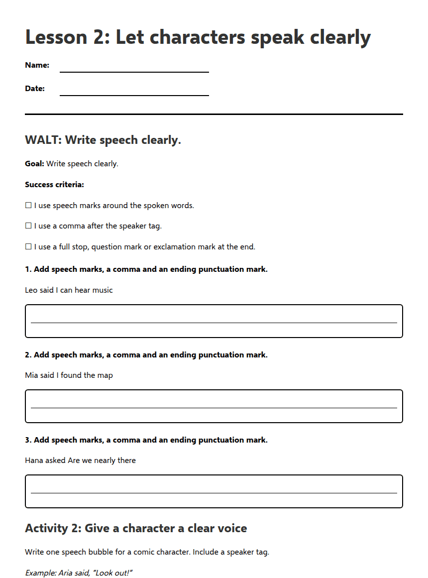 Clear Character Speech worksheet preview