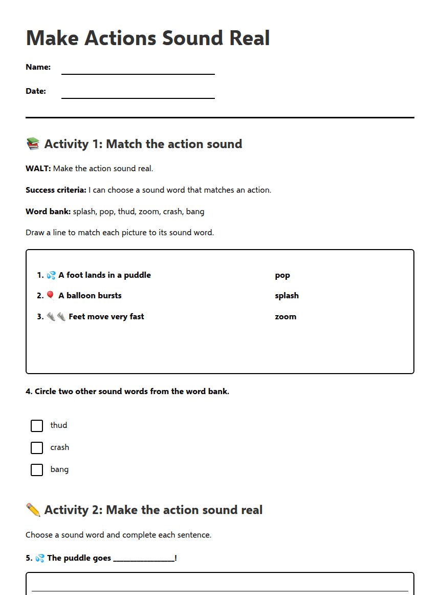 Make Actions Sound Real worksheet preview
