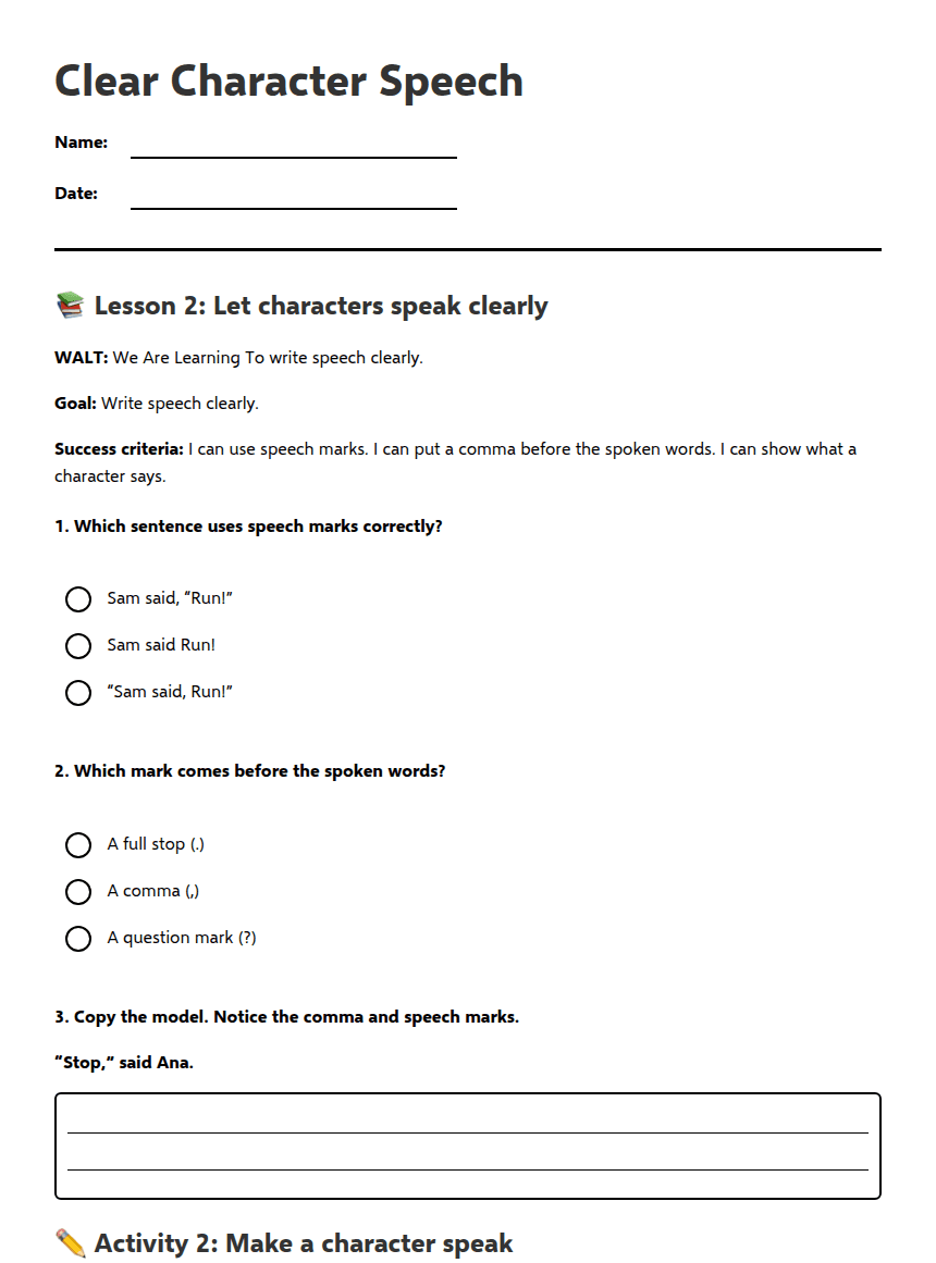 Clear Character Speech worksheet preview